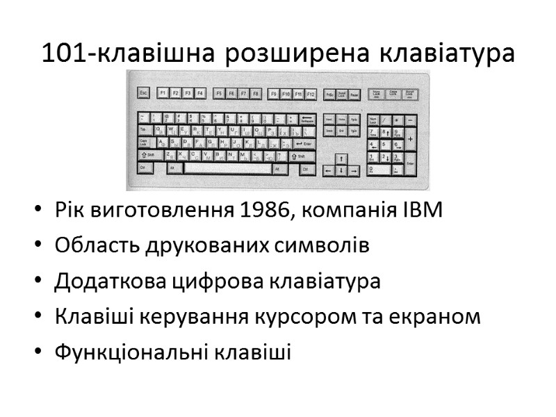 101-клавішна розширена клавіатура Рік виготовлення 1986, компанія IBM Область друкованих символів Додаткова цифрова клавіатура